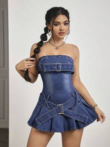 SHEIN PETITE Women's Summer Fashion Street Washed Snap Front Denim Cami Dress - Blue - View 3