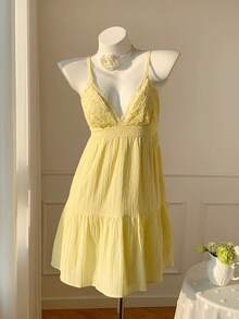 Comfortcana 女士休闲撞色蕾丝编织吊带连衣裙，夏季 - 黃色 - 查看 6