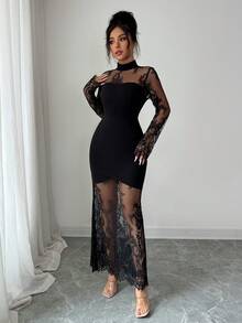 Elenzga New Elegant Sexy Lace Hollow Out Long Sleeve Dress, Waist Cinched Bodycon High-End Stretchy Mermaid Formal Gown - Black - View 5