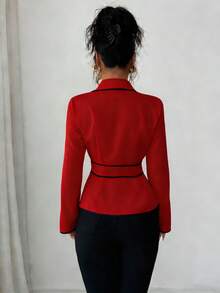 Rafferiza Kemeja Wanita Lengan Panjang Pas Badan dengan Kerah Syal dan Trim Kontras, Cocok untuk Kerja dan Perjalanan, Musim Semi/Gugur - Merah - View 2