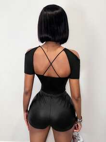 BamGleam Áo croptop nữ hở lưng kiểu đan chéo, thiết kế gợi cảm, phù hợp cho mặc hàng ngày và đi hộp đêm. - màu đen - Xem 2