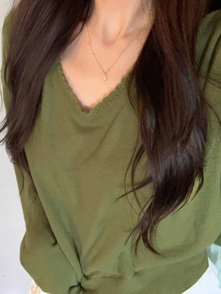Women's Solid Color V-Neck Casual Versatile Long Sleeve Sweater, Suitable For Autumn/Winter Daily Wear