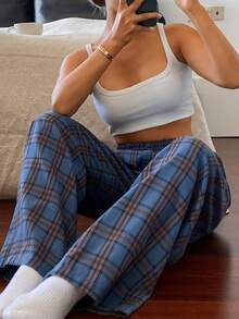 Livesso Plaid Loose Straight Elastic Waist Pajama Pants For Women, Loungewear - Red - View 1