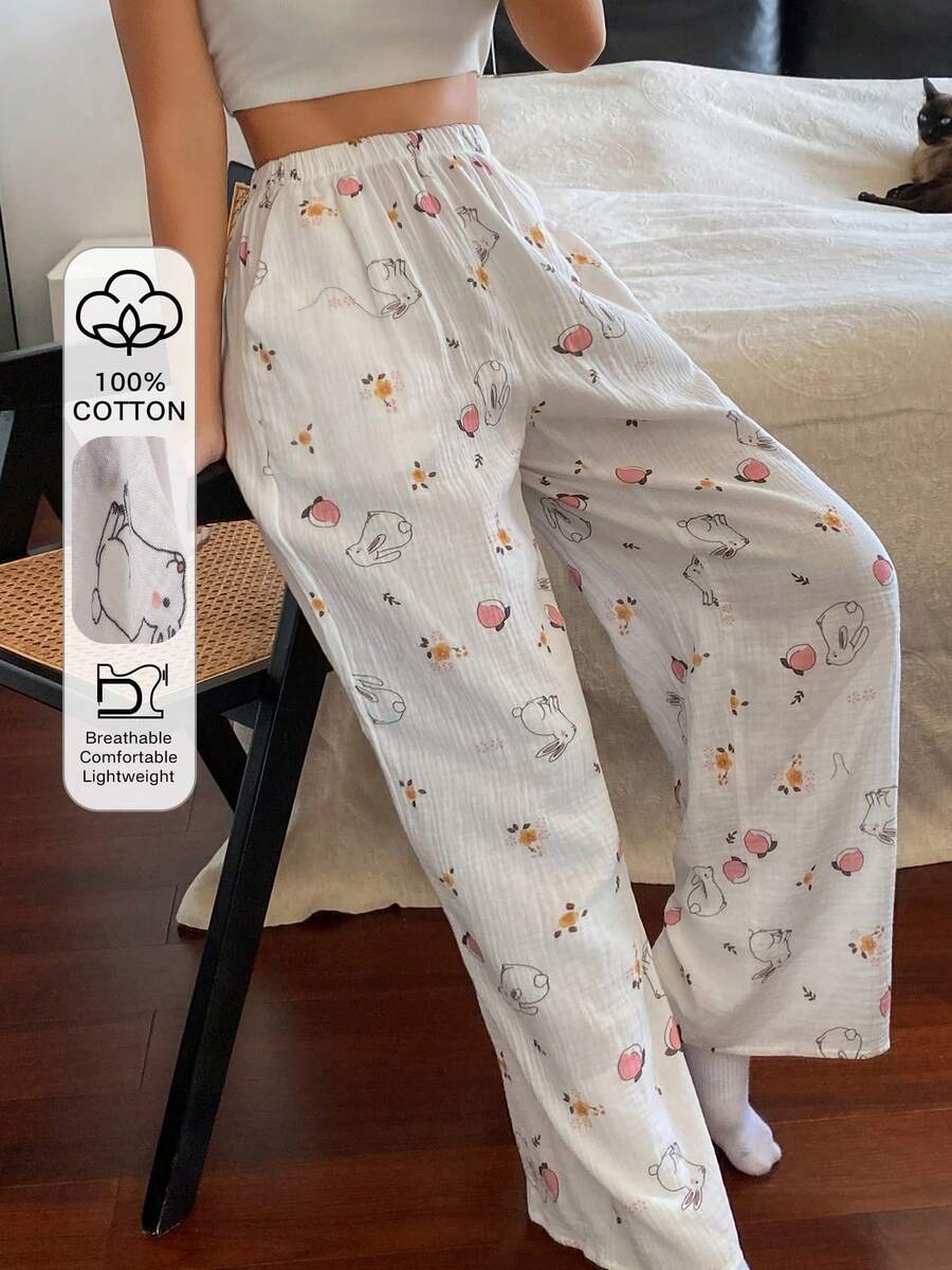 DAZY 可爱兔子印花女士睡裤 - 白色 - 查看 1