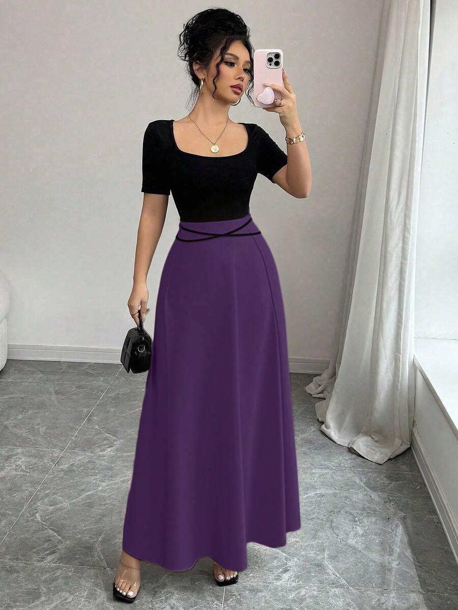 Rafferiza 女士优雅修身系腰旗袍连衣裙，短袖方领拼接中国风印花 - 彩色 - 查看 1