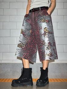 Grunge Punk Men's Casual Washed Vintage Leopard Print Denim Shorts - Burgundy - View 6