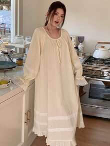 Dazy Plus Plus Size Sweet Lace Patchwork Ruffle Hem Long Sleeve Nightgown Pajamas - Apricot - View 9
