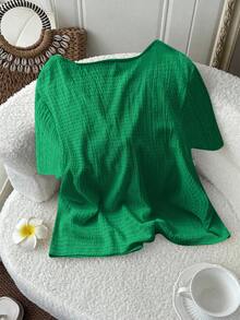 SHEIN LUNE Plus Size Women Summer Casual Vacation Minimalist Solid Color Textured V-Neck Twist Front Short Sleeve Top, Summer Tops - Green - View 2