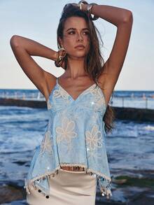 Opulessa Áo hai dây đính sequin tua rua, thích hợp cho mùa hè, xuân, đi chơi, đi biển, dự tiệc, đám cưới, sinh nhật, thời trang nữ, kỳ nghỉ, đi nghỉ mát, kỳ nghỉ xuân hè, kỳ nghỉ xuân hè, áo thanh lịch dự tiệc, áo dạ hội sang trọng dự đám cưới, áo tốt nghiệp, áo dự lễ, áo phù dâu. - Màu xanh lam - Xem 5