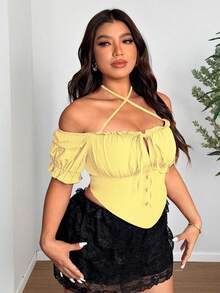 SHEIN LUNE Plus Size Women Summer Vacation Simple Solid Color Frill Trim Front Knot Halter Fitted Blouse - Yellow - View 4