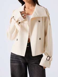 LYSMO 女士立领腰带设计纽扣休闲百搭日常长袖风衣外套 - 紫色 - 查看 3