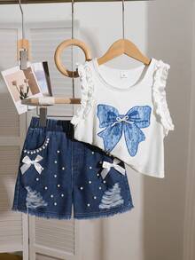 Sparklyn 两件套春夏少女正式甜美可爱纹理面料刺绣花卉图案上衣搭配牛仔流苏短裤套装，适合日常、休闲、度假、朋友聚会等场合。 - 藍白色 - 查看 7