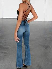 INAWLY Fitted Sexy Spaghetti Strap Plunging Neckline Criss-Cross Backless Camisole For Women - Black - View 2