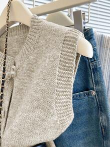 Franclia Áo dệt kim không tay cổ tròn dáng rộng màu xám, kiểu dáng thường ngày, có khuy cài hình ếch kiểu Trung Quốc, dành cho nữ, mùa xuân/thu. - Màu be - Xem 4