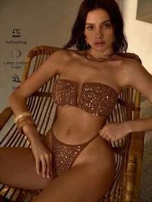 MOTF PREMIUM 亮片V领褶皱抹胸比基尼泳衣套装 - 棕色 - 查看 7