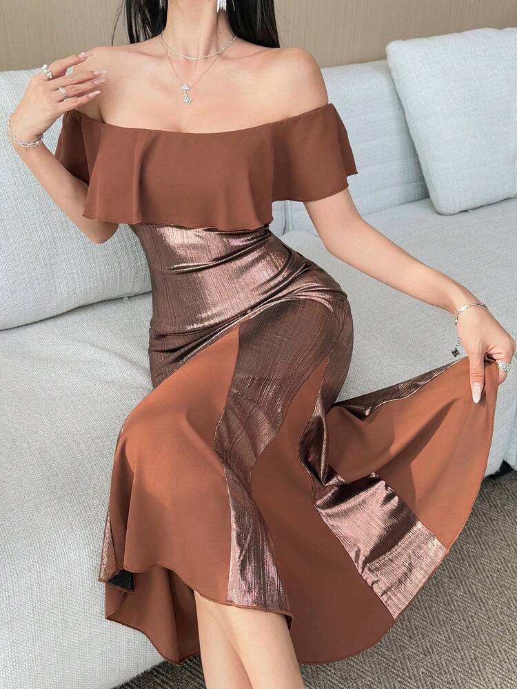 Women's Elegant Contrast Color Patchwork Off Shoulder Ruffle Hem Midi Dress, Summer Wedding Guest Dress Sundress