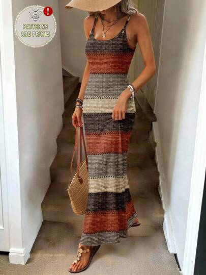 Easowa Women's Colorblock Striped Spaghetti Strap Fitted Long Dress, Suitable For Spring/Summer,Casual