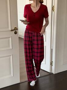 SHEIN Women's Casual Brushed V-Neck Short Sleeve 2-Button Plaid Pants Pajama Set - Burgundy - View 1