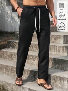 VENTUSAIL Quần dài nam bằng vải lanh trơn màu, có dây rút, kiểu dáng thường ngày, có túi, thích hợp cho hoạt động ngoài trời. - màu đen - Xem 3