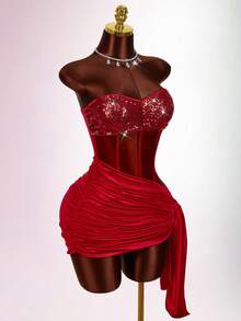 Amplova 女士性感系带迷你连衣裙，亮片拼接裹身裙摆，性感时尚，适合派对和夜店穿着。 - 紅色 - 查看 8