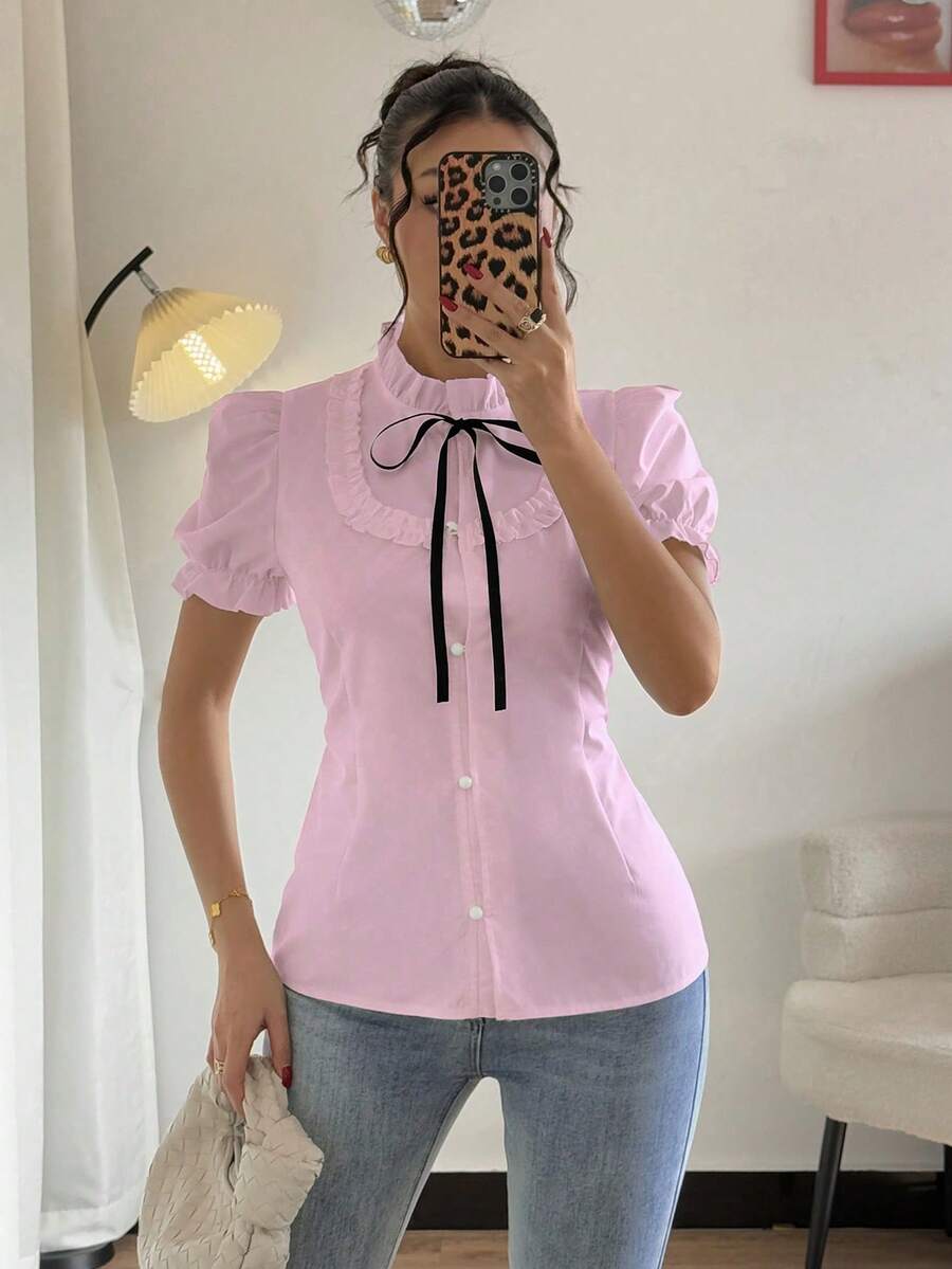 Rafferiza 女士夏季荷叶边弹力袖口蝴蝶结衬衫可爱女式衬衫学院风上衣粉色衬衫蝴蝶结衬衫系带衬衫粉色女式衬衫优雅可爱衬衫女士性感衬衫居家办公服装女士上衣和衬衫Xrlq9女士服装工作衬衫工作服女士夏季衬衫女士可爱衬衫女士休闲上衣女士优雅Polo衫女士休闲 - 粉色 - 查看 1