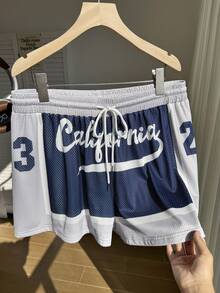 Comfortcana Quần short mùa hè cỡ lớn, kiểu dáng thường ngày, phối màu, in chữ. - Màu xanh lam - Xem 4