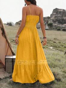 Breezaya 女士纯色简约蕾丝装饰吊带连衣裙长款度假沙滩装 - 黃色 - 查看 2