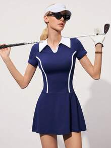 CourtClass Vestido Polo de Manga Curta Azul Marinho para Exercícios Esportivos e Golfe Feminino, Shorts Esportivos Femininos com Bolso para Celular, Conjunto de Golfe Feminino - Azul Marinho - Visão 5