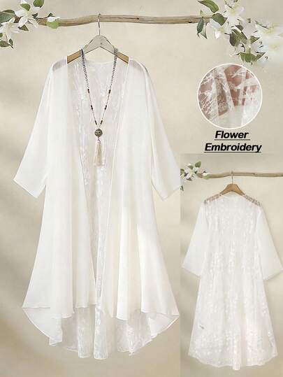 EMERY ROSE Plus Size Women's Summer Casual Vacation Country Lace Patchwork White 3/4 Sleeve Kimono Jacket,Floral Embroidered Coats,Solid Color Lightweight Jacket And Kimono,Early Spring,Spring Break Outfits ,Vacation Outfits Women ,Holiday Outfits For Women,Spring Clothes Women,Going Out Outfits,2026 New Clothes,Simple And Fashionable For Everyday Wear,White Boho Top Kimono Jacket