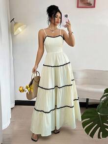 Rafferiza 女士优雅荷叶边层叠镂空露背系带连衣裙，适合度假和日常穿着 - 杏色 - 查看 7