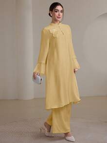 Graceveil 2pcs/Set Women Elegant Stand Collar Ruffle Cuff Long Sleeve Set Modest - Yellow - View 8