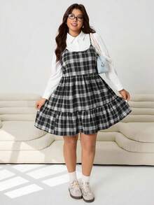 Solflare New Casual Slip Dress With Ruffle Hem, Suitable For Outing, Daily, Party, Commute, Back To School, Date, Home, Birthday Party And Multiple Occasions, Cotton Blend, Large Plaid Pattern In Black And White, Plus Size - Black and White - View 7