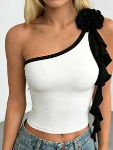 INAWLY Women's Asymmetrical Ruffle Floral Design Contrast Color Asymmetric Shoulder Tank Top - Black and White - View 1