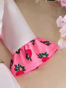 Conjunto de 2 piezas de camiseta de manga larga con encaje floral y cinta dorada, y falda con estampado floral pequeño para niñas pequeñas, nueva moda primavera/verano 2026, atuendo de Oriente Medio, esencial para viajar - Rosa - Ver 6