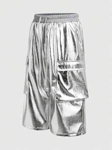 ROMWE MEN Street Life Men's Fashionable Shiny Silver 7-Inch Cargo Shorts, Summer - Silver - View 9