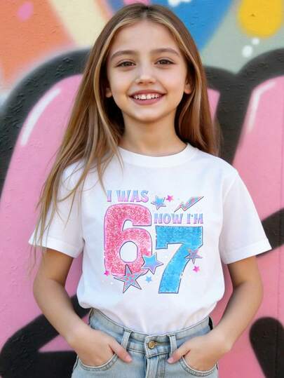 SHEIN Young Girl Casual Stylish Short Sleeve T-Shirt, Colorful Number 67 Design, Round Neck Tee Suitable For Spring & Summer, Lightweight & Comfortable, Fashionable Casual Wear, Ideal For Street, Outdoor, Campus, Festivals, Gifts