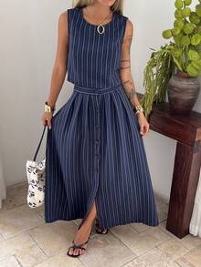 DAZY Women's Fashion Striped Tank Top & Skirt 2 Pieces Set - Navy Blue - View 5
