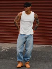 DAZY Men's Slim Fit Solid White Textured Fabric Tank Top, Summer - White - View 4