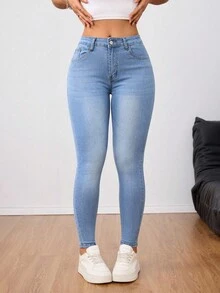 SHEIN ICON 大码女式高腰纯色带口袋紧身牛仔裤 - 淺色水洗藍 - 查看 1