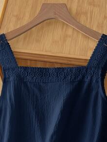 Rusticease Women's Solid Color Contrast Lace Single-Breasted Square Collar Sleeveless Blouse - Navy Blue - View 8