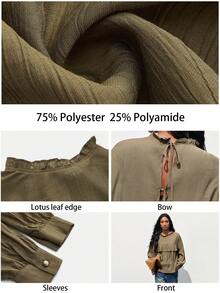 Maija Women's Casual Solid Color Ruffle Tie Front Blouse, Vacation,Spring/ Summer Tie Up Blouse - Army Green - View 7