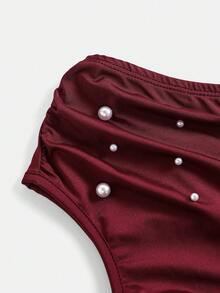 SHEIN 少女优雅串珠褶皱单肩修身针织长裙，适合夏季度假、海滩、休闲优雅返校、约会、派对、婚礼、伴娘、舞会、正式场合、情人节等场合。 - 酒紅色 - 查看 7