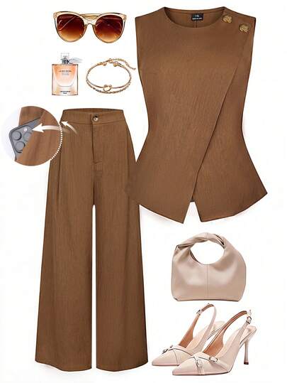 Franclia 大码女装春夏法式浪漫西西里优雅休闲通勤波西米亚度假下午茶纯色圆领双层肩部不对称金属扣装饰无袖短款衬衫，带松紧腰带和口袋的裤子两件套