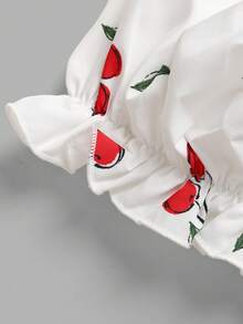 Girlism 少女白色和红色樱桃印花褶皱胸腰泡泡袖可爱短裙，度假款 - 白色 - 查看 6