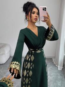 Rafferiza 方领褶裥优雅雪纺长裙，超大方领，长袖，黑金箔印花，优雅浪漫，女士秋冬/春季连衣裙 - 墨綠色 - 查看 4