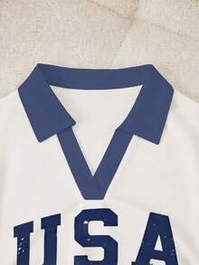 Rovax 女士休闲条纹字母印花撞色滚边 Polo 领短袖上衣，夏季 - 白色 - 查看 4