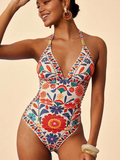 Travachic Women's Retro Halter Backless Fashionable Fitted Summer Beach One Piece Swimsuit,Beach,Beach Outfits For Women,Beach Set,Going Out,Vacation,Vacation Outfits Women,Holiday,Summer,Summer Clothes,Summer Outfits For Women,Valentine's Day,Carnival,Carnival Costume,Party ,Going Out,Going Out Outfits,Casual,Elegant,Y2k,Flower,White ,Red ,Pink