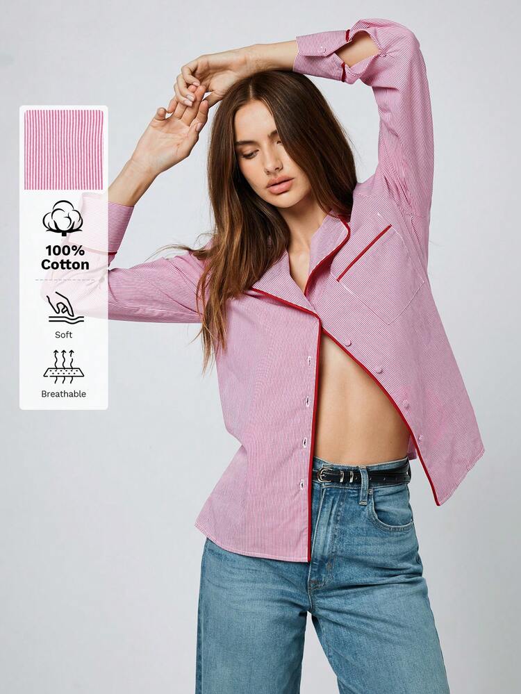 SHEIN Maija 2026SS Asymmetric Collar Contrast Trim Striped Women Pink Blouse, Pajama Style, Pink Stripes, Collar, Contrasting Trim, Women's Long-Sleeved Shirt, Spring/Summer Resort Style, Beach Vacation Outfit, Outdoor Wear, Women's Fashion