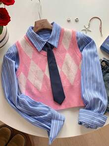 SHEIN Comfortcana Áo vest dệt kim cổ chữ V họa tiết hình thoi dành cho nữ, kiểu dáng thường ngày, đa năng, thích hợp cho mùa thu/đông. - Màu Hồng baby - Xem 4