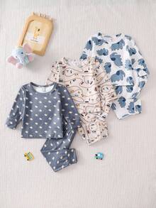 6件套男婴蓝色和卡其色汽车和大象印花长袖睡衣套装 - 彩色 - 查看 3